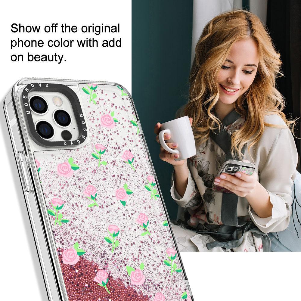Pink Rose Floral Glitter Phone Case - iPhone 12 Pro Case - MOSNOVO