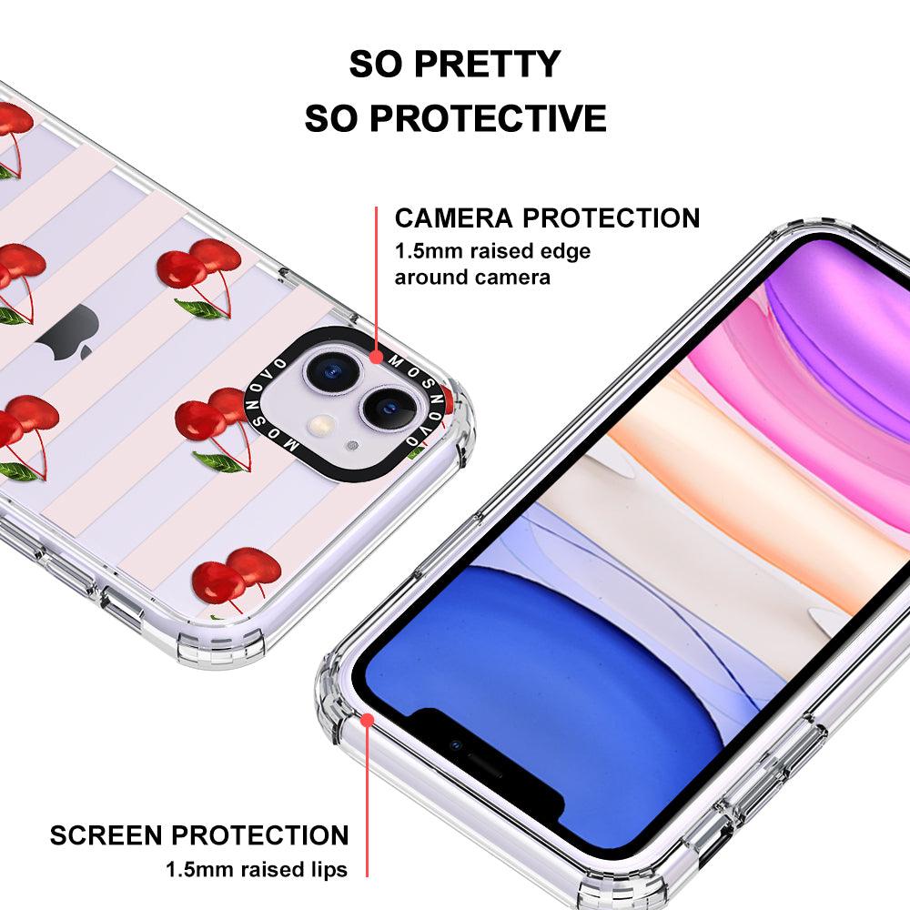 Pink Stripes Cherry Phone Case - iPhone 11 Case - MOSNOVO