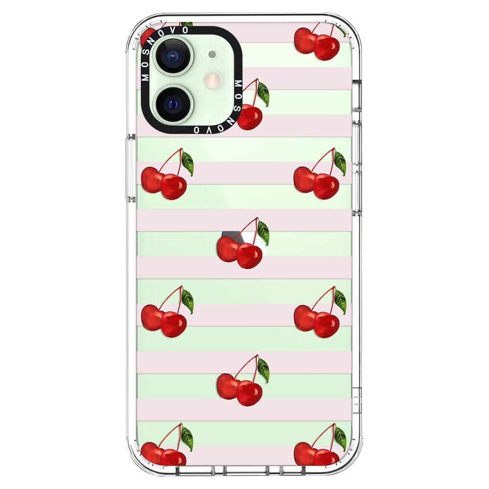 Pink Stripes Cherry Phone Case - iPhone 12 Case - MOSNOVO