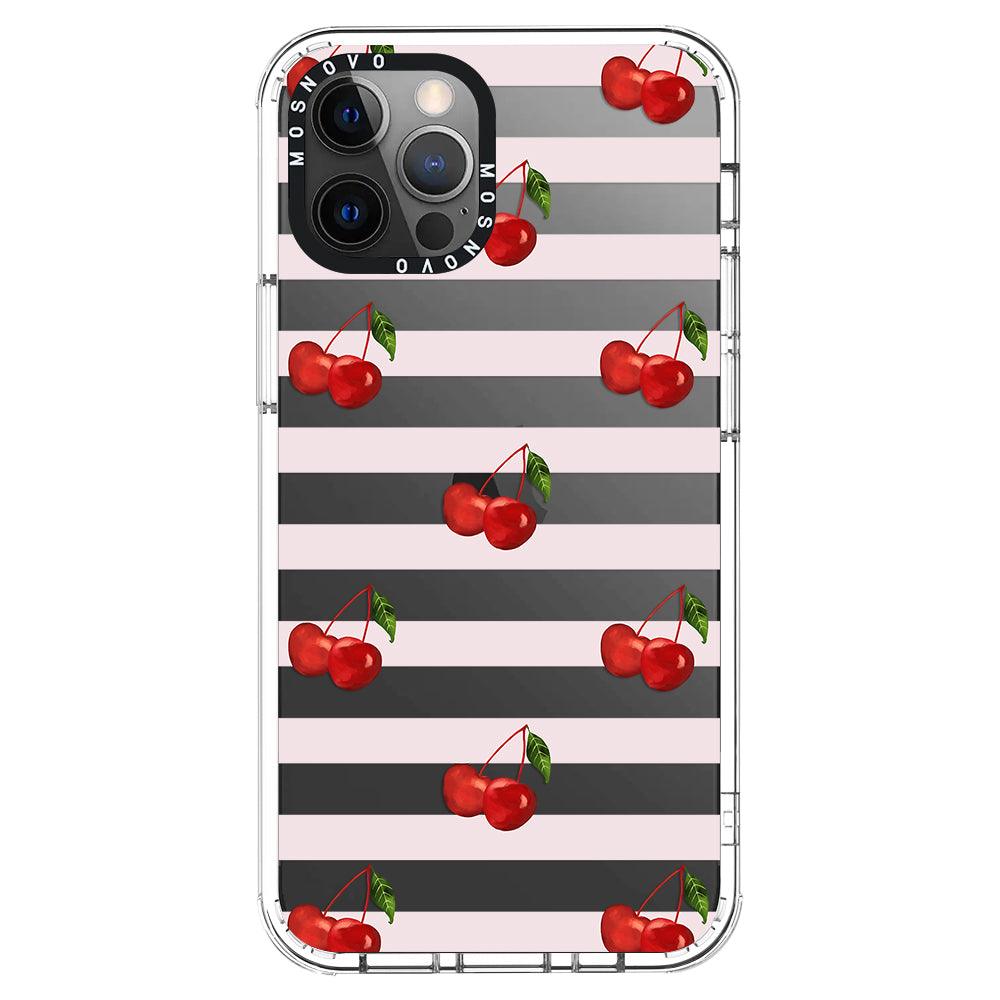 Pink Stripes Cherry Phone Case - iPhone 12 Pro Case - MOSNOVO