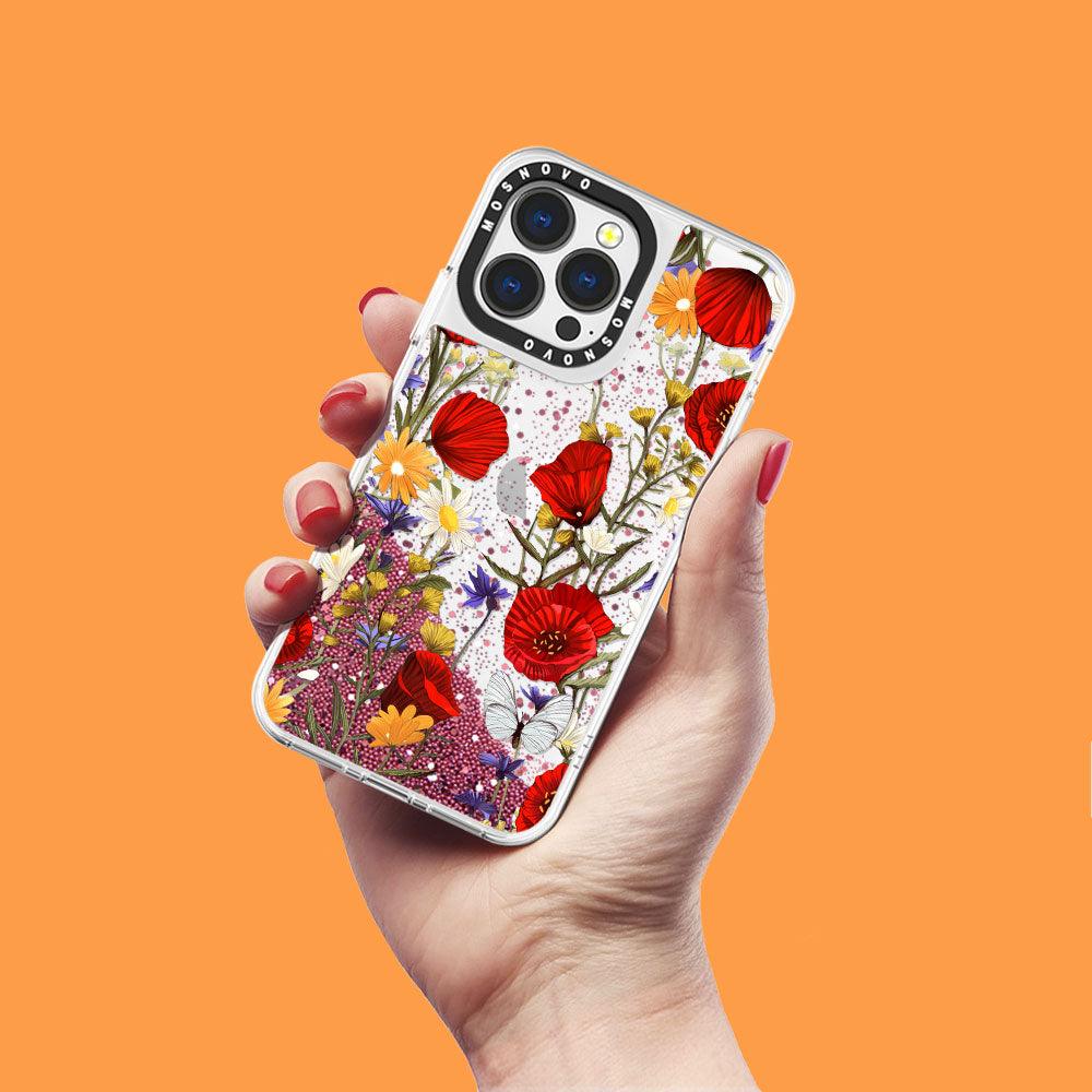 Poppy Floral Glitter Phone Case - iPhone 13 Pro Case - MOSNOVO