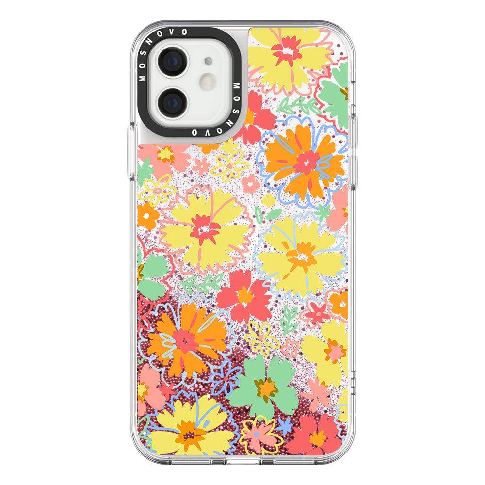Retro Boho Hippie Flowers Glitter Phone Case - iPhone 12 Case - MOSNOVO
