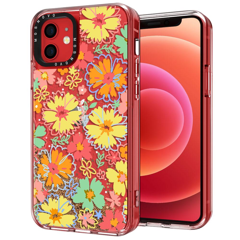 Retro Boho Hippie Flowers Glitter Phone Case - iPhone 12 Case - MOSNOVO