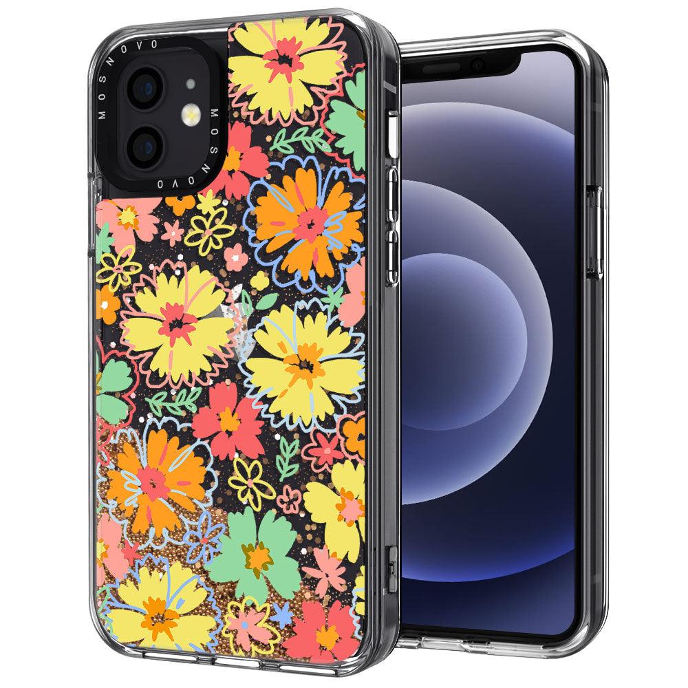 Retro Boho Hippie Flowers Glitter Phone Case - iPhone 12 Mini Case - MOSNOVO