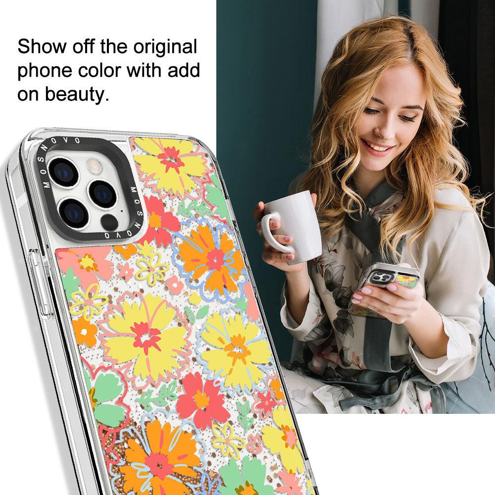 Retro Boho Hippie Flowers Glitter Phone Case - iPhone 12 Pro Case - MOSNOVO