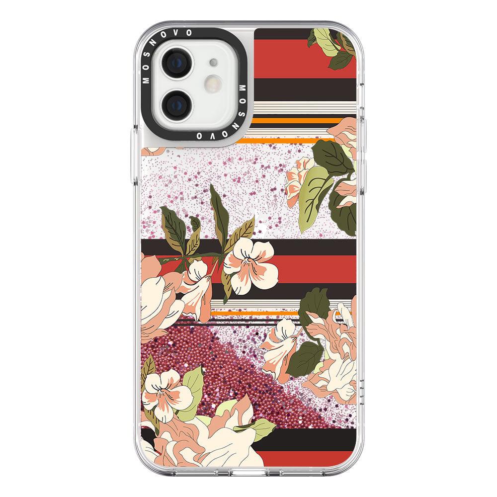 Stripes Flower Floral Glitter Phone Case - iPhone 12 Case - MOSNOVO
