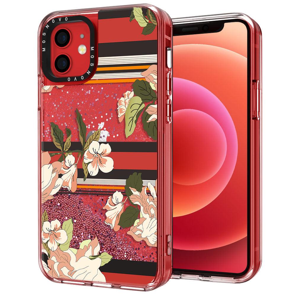 Stripes Flower Floral Glitter Phone Case - iPhone 12 Mini Case - MOSNOVO
