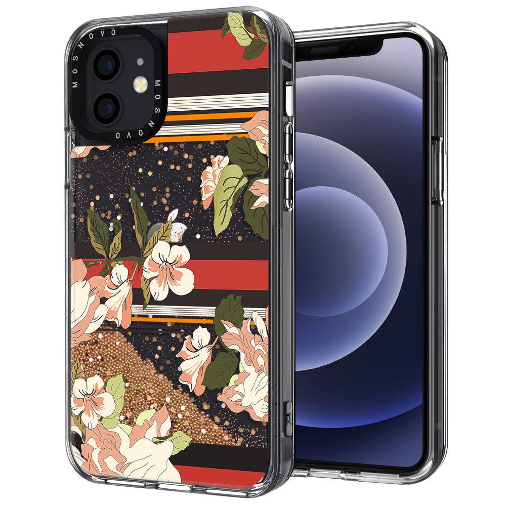 Stripes Flower Floral Glitter Phone Case - iPhone 12 Mini Case - MOSNOVO