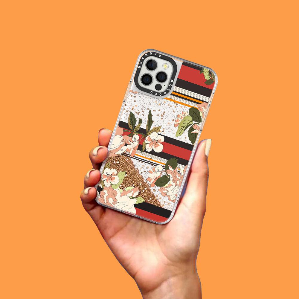 Stripes Flower Floral Glitter Phone Case - iPhone 12 Pro Case - MOSNOVO