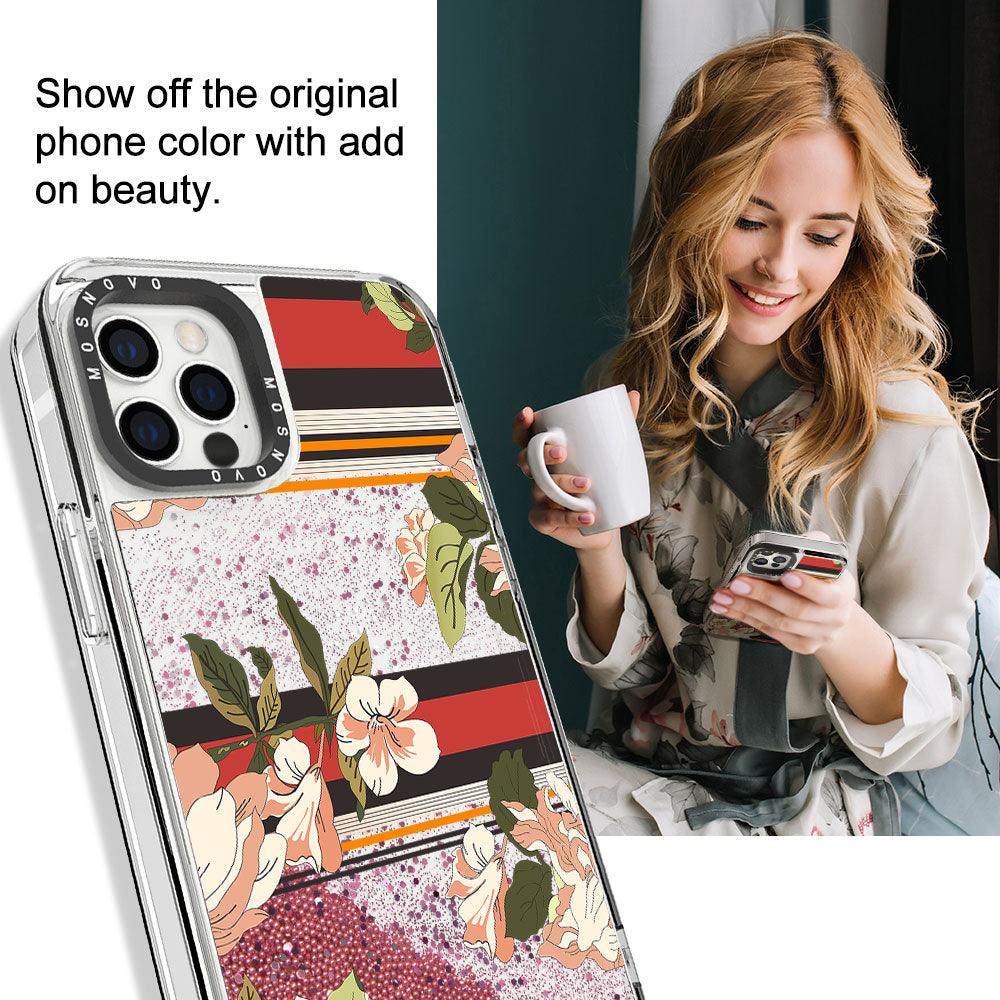 Stripes Flower Floral Glitter Phone Case - iPhone 12 Pro Case - MOSNOVO