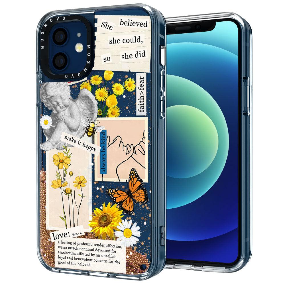 Vintage Collage Sunflower Butterfly Glitter Phone Case - iPhone 12 Case - MOSNOVO