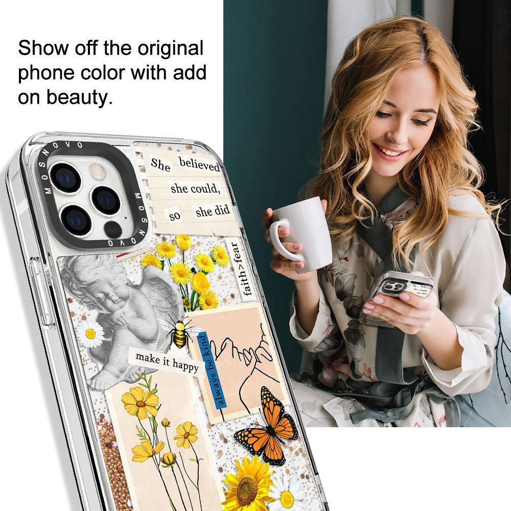 Vintage Collage Sunflower Butterfly Glitter Phone Case - iPhone 12 Pro Case - MOSNOVO