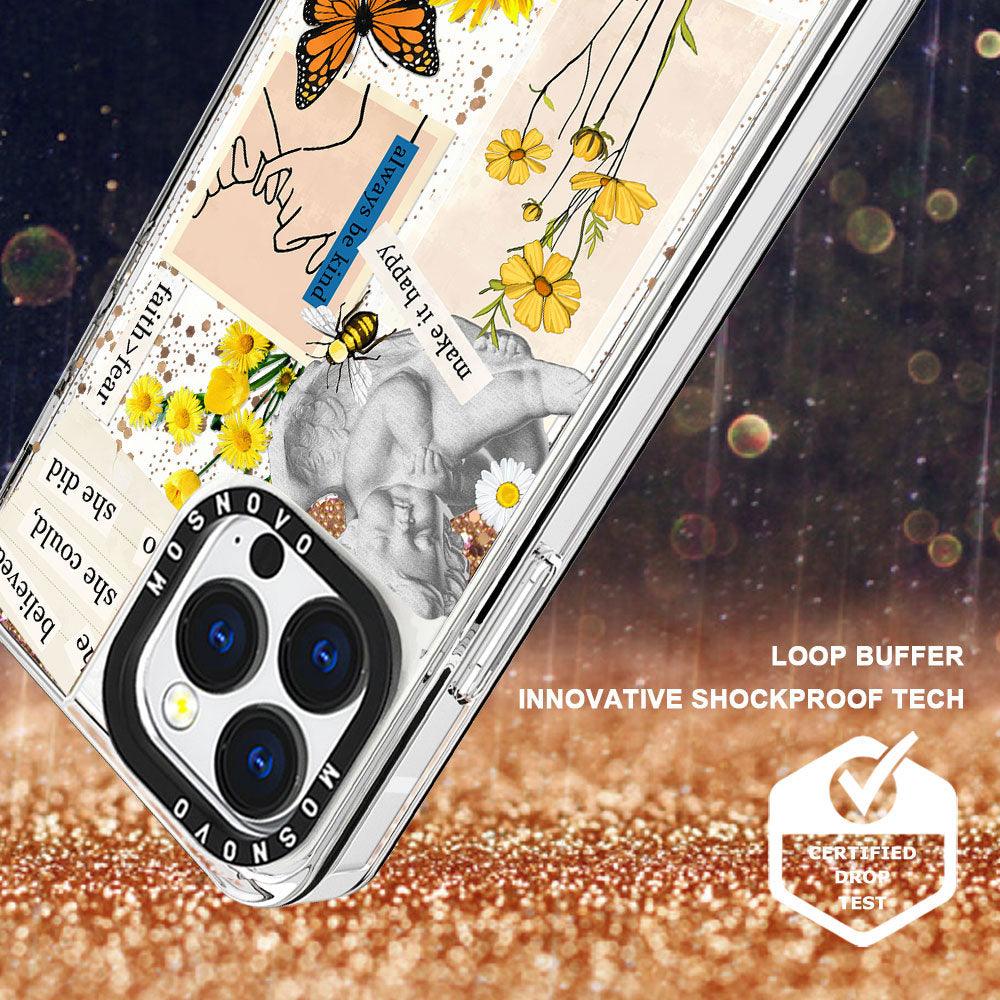 Vintage Collage Sunflower Butterfly Glitter Phone Case - iPhone 13 Pro Case - MOSNOVO