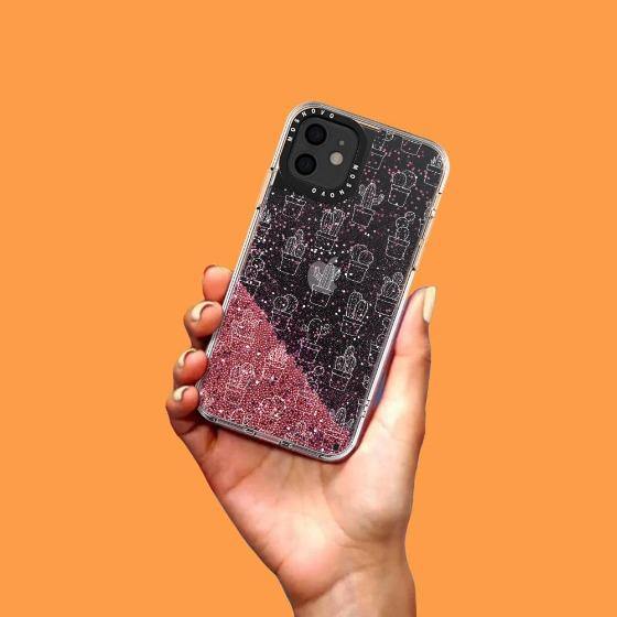 White Potted Cactus Glitter Phone Case - iPhone 12 Mini Case - MOSNOVO